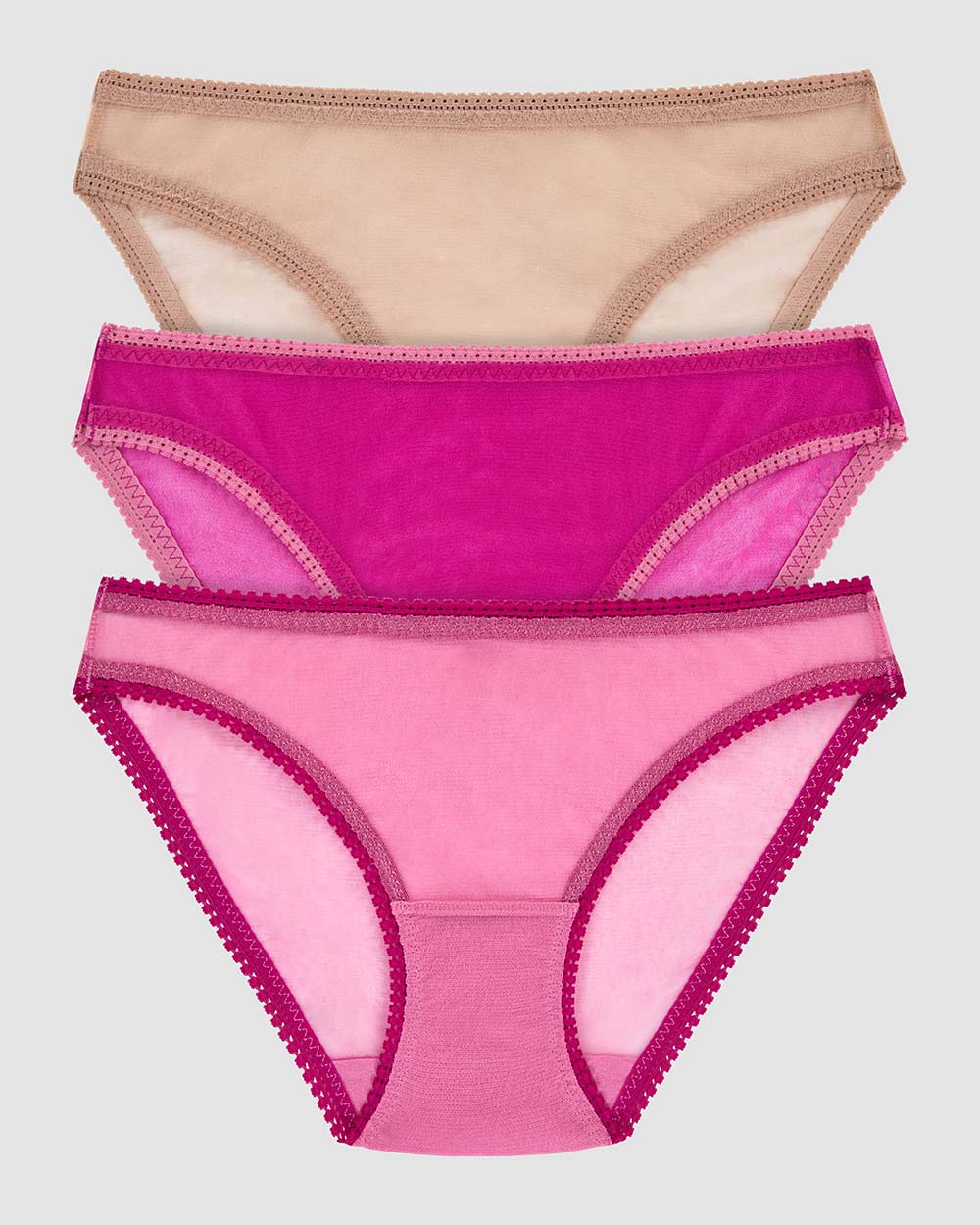 Gossamer Mesh Hip Bikini Underwear 3 Pack - Dusted Petal Electric Berry Champagne
