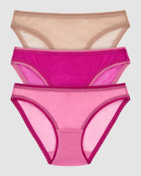 Gossamer Mesh Hip Bikini Underwear 3 Pack - Dusted Petal Electric Berry Champagne