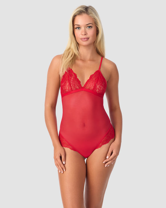 A lady wearing Luxe Lace Bodysuit - Crimson