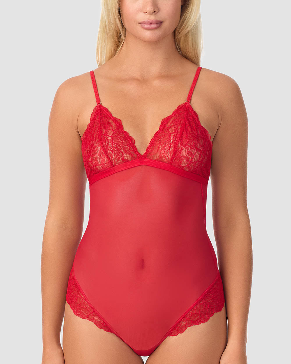 A lady wearing Luxe Lace Bodysuit - Crimson