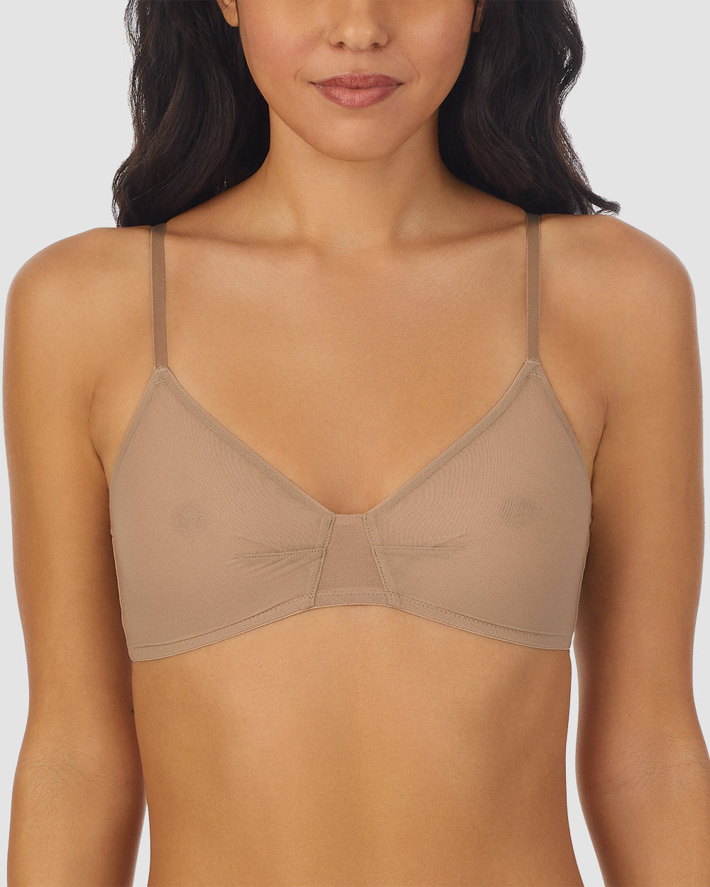 A lady wearing mocha next to nothing bralette.