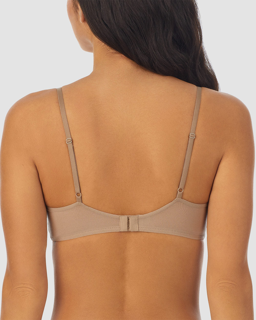 A lady wearing mocha next to nothing bralette.