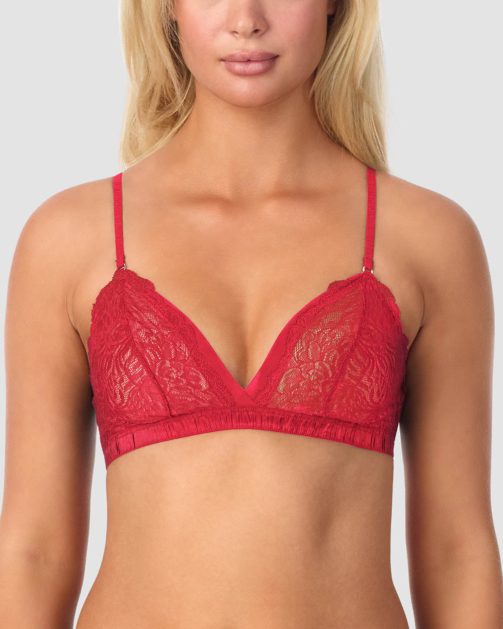 A lady wearing Luxe Lace Bralette - Crimson