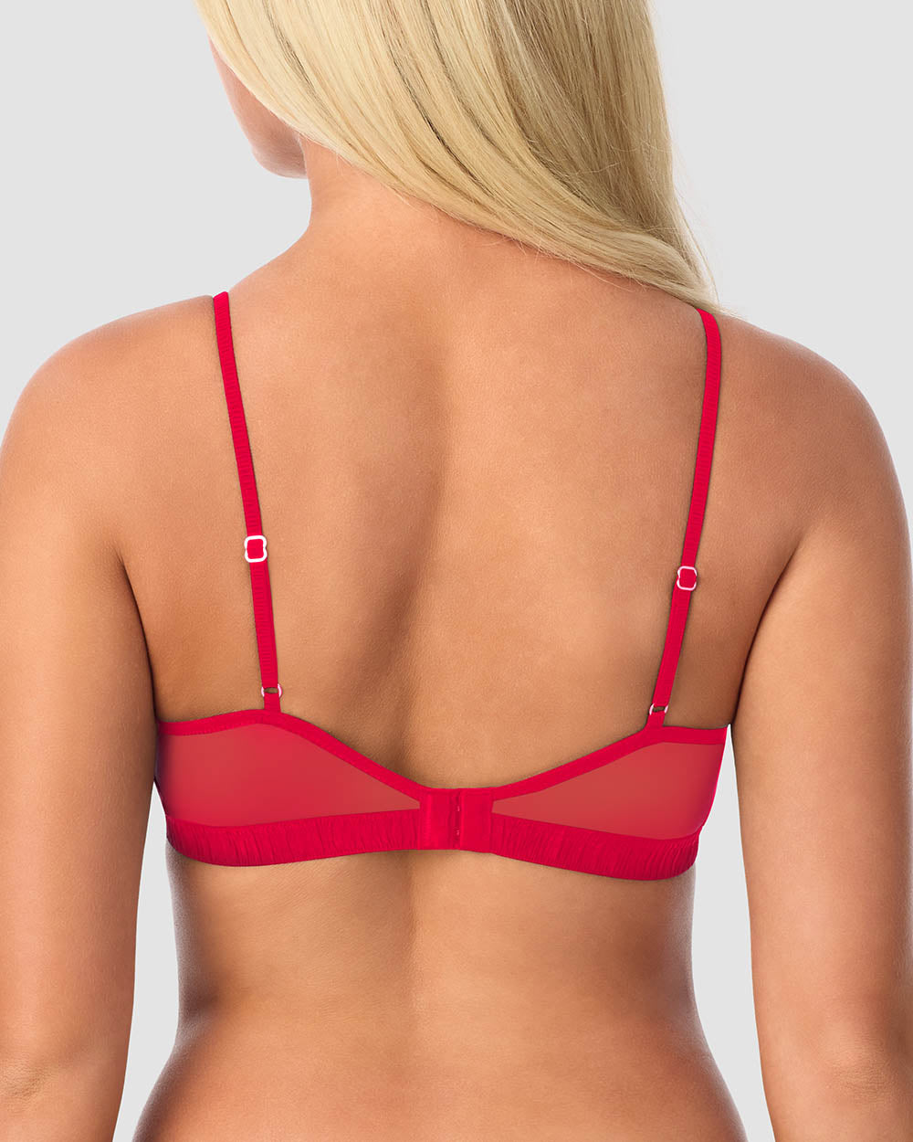 A lady wearing Luxe Lace Bralette - Crimson