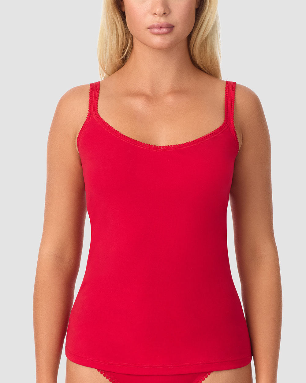 A lady wearing Cabana Cotton Reversible Cami - Crimson