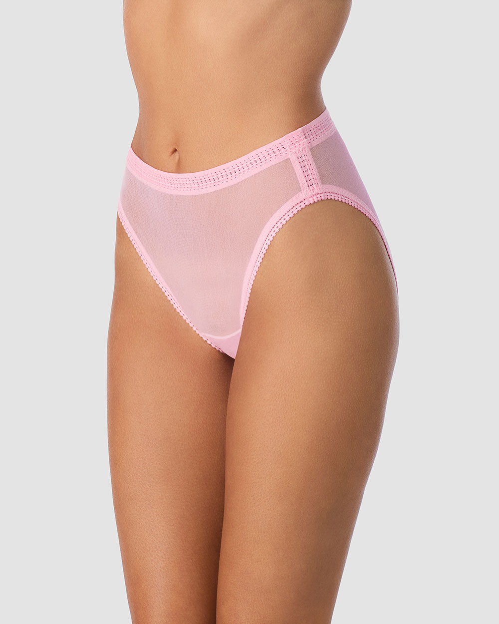 A Lady Wearing Gossamer Mesh Hi Cut Brief Underwear - Peony posing  side angle front view