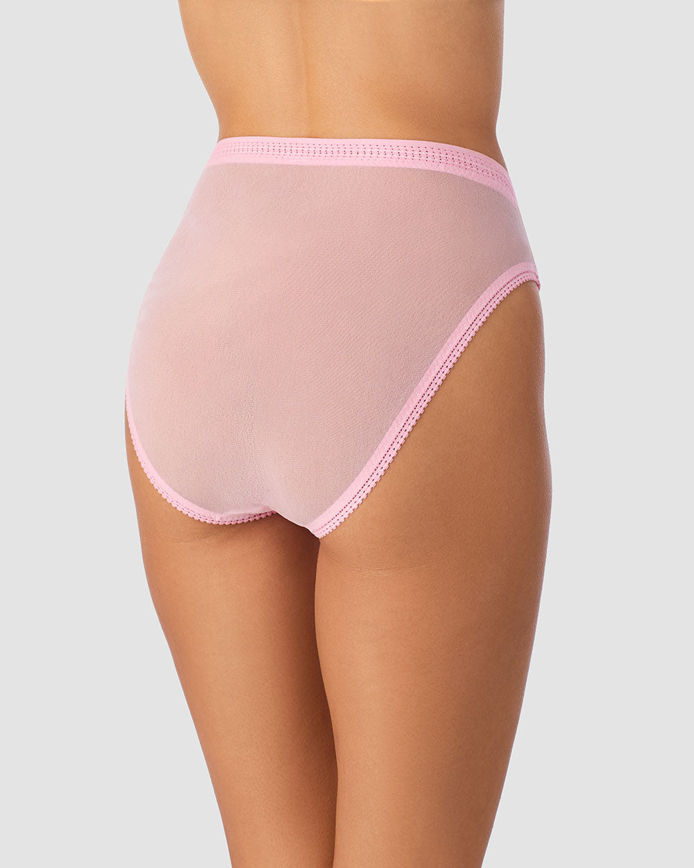 A Lady Wearing Gossamer Mesh Hi Cut Brief Underwear - Peony posing  back view
