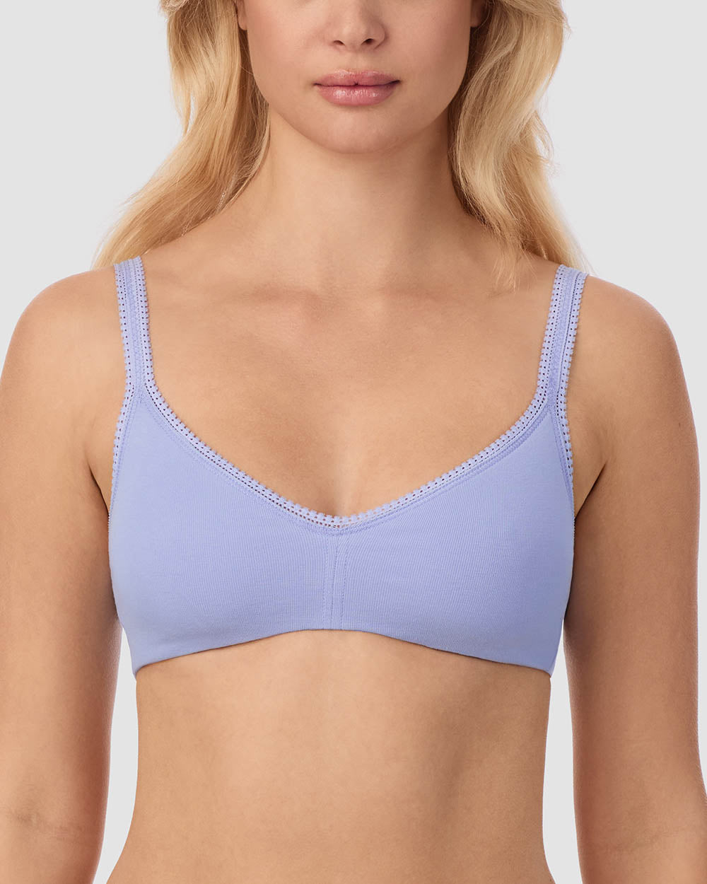 A Lady Wearing Cabana Cotton Bralette - Thistle Front View