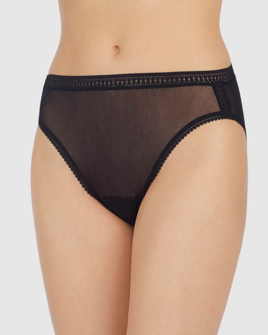 A lady wearing Black Gossamer Mesh Hi-Cut Brief Underwear