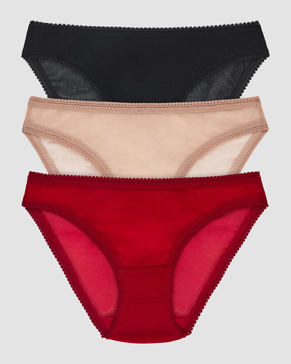Gossamer Mesh Hip Bikini Underwear 3 Pack- Scarlet Red Champagne Black