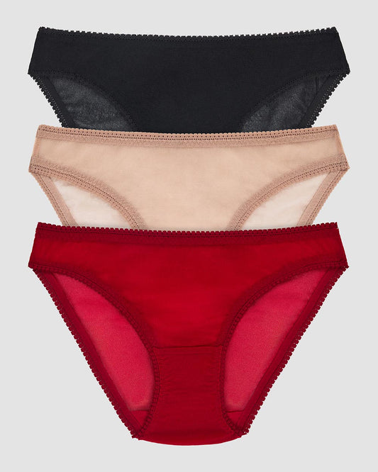 Gossamer Mesh Hip Bikini Underwear 3 Pack- Scarlet Red Champagne Black