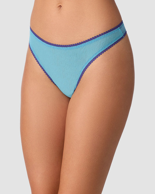 A lady wearing Gossamer Mesh Hip G Thong Underwear - Delphinium Blue