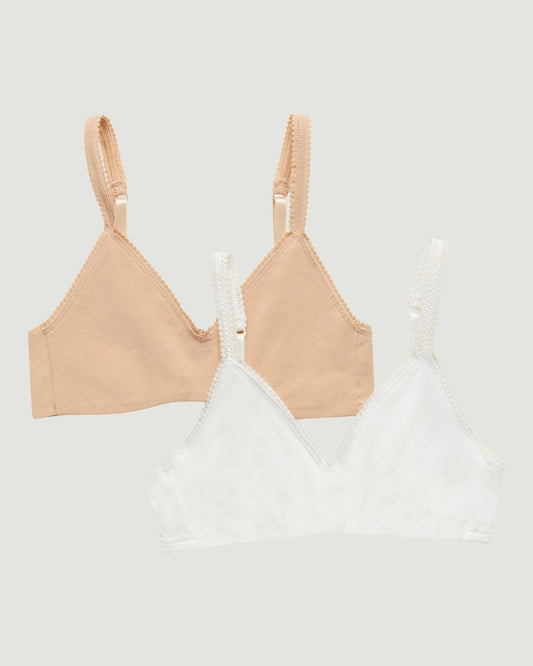 A champagne and white cabana cotton bralette 2-pack.