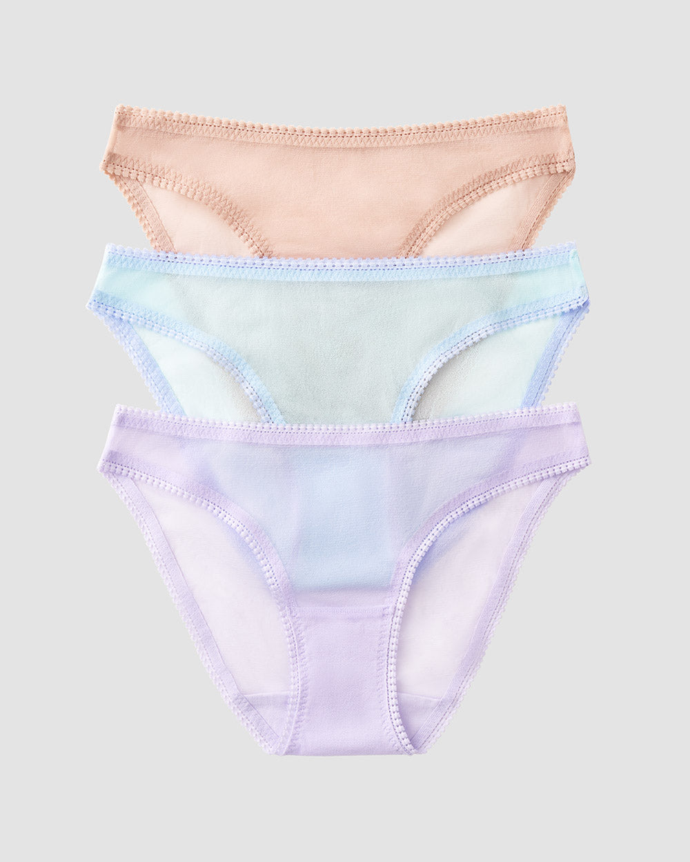 A Champagne Seascape Light Lavender Gossamer Mesh Hip Bikini Underwear 3 Pack 