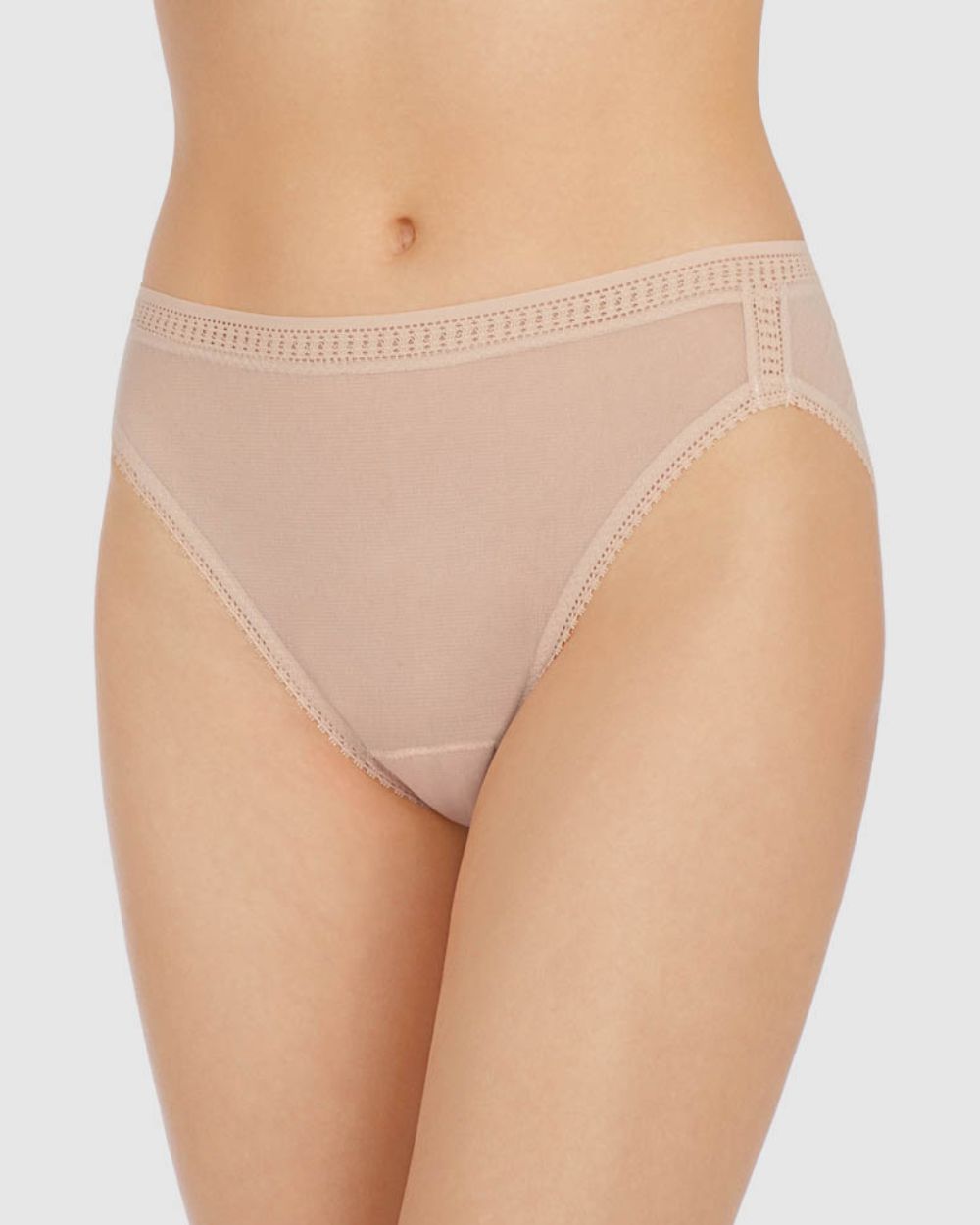 A lady wearing Champagne Gossamer Mesh Hi-Cut Brief Underwear