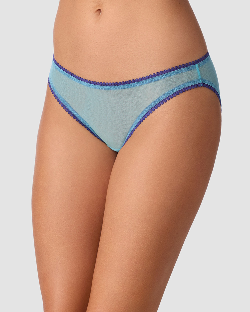 A lady wearing Gossamer Mesh Hip Bikini Underwear - Delphinium Blue