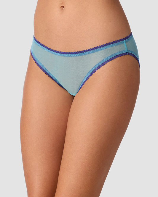 A lady wearing Gossamer Mesh Hip Bikini Underwear - Delphinium Blue
