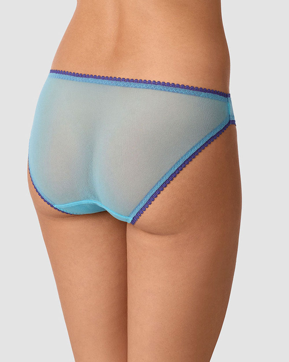 A lady wearing Gossamer Mesh Hip Bikini Underwear - Delphinium Blue back view