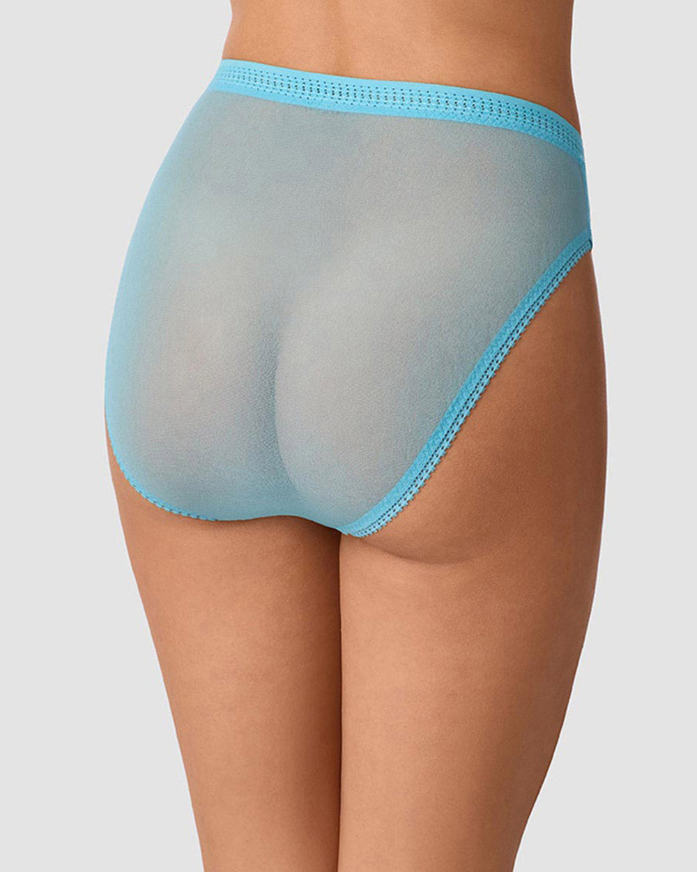 A lady wearing Gossamer Mesh Hi Cut Brief Underwear - Delphinium Blue back view