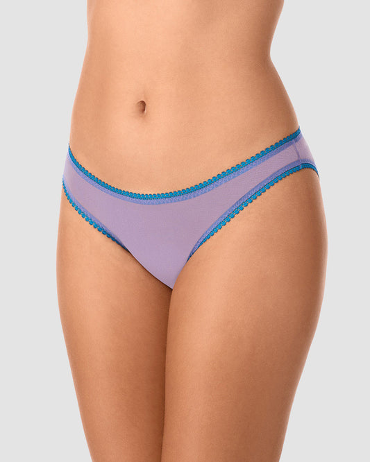 A lady wearing twilight blue Gossamer Mesh Hip Bikini Underwear