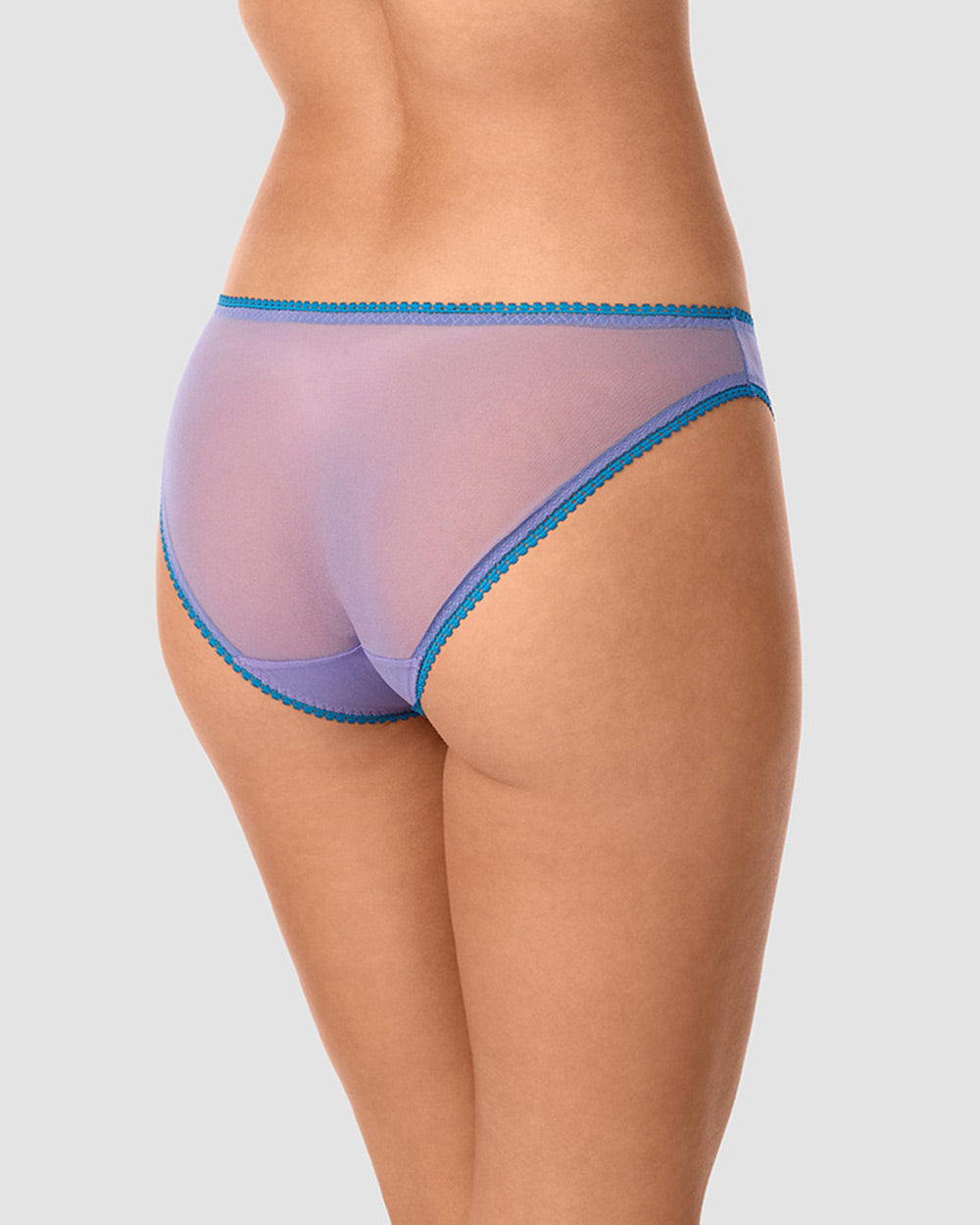A lady wearing twilight blue Gossamer Mesh Hip Bikini Underwear