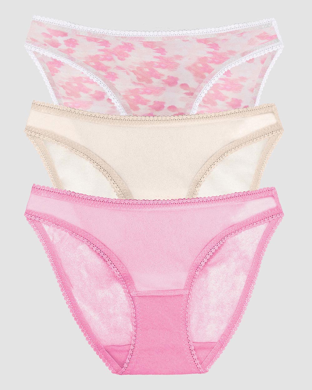 A Gossamer Mesh Hip Bikini Underwear 3-Pack in Wine Berry Blurred Floral and Champagne