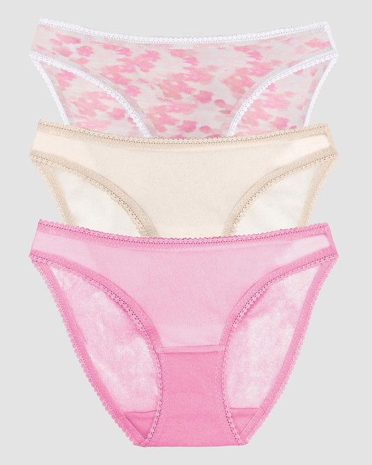 A Gossamer Mesh Hip Bikini Underwear 3-Pack in Wine Berry Blurred Floral and Champagne