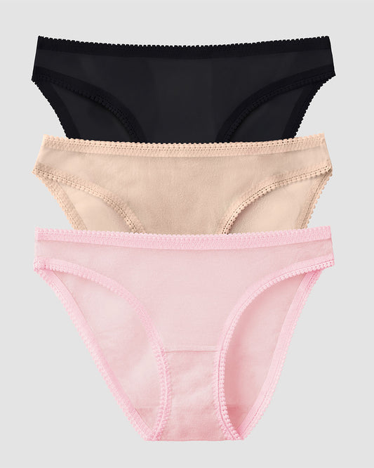 Gossamer Mesh Hip Bikini Underwear 3 Pack - Black Champagne Peony