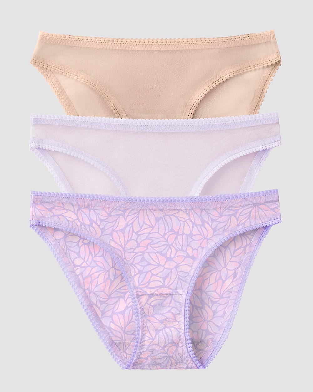Gossamer Mesh Hip Bikini Underwear 3 Pack - Champagne/Rich Lavender/Watercolor Petals