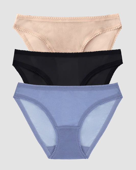 Gossamer Mesh Hip Bikini Underwear 3 Pack - Country Blue Black Champagne