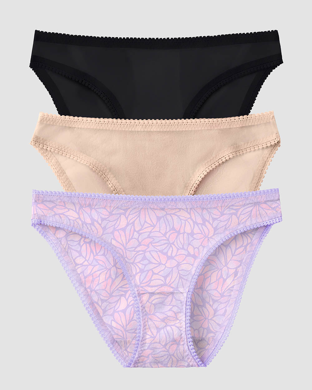 Gossamer Mesh Hip Bikini Underwear 3 Pack - Watercolor Petal Champagne Black