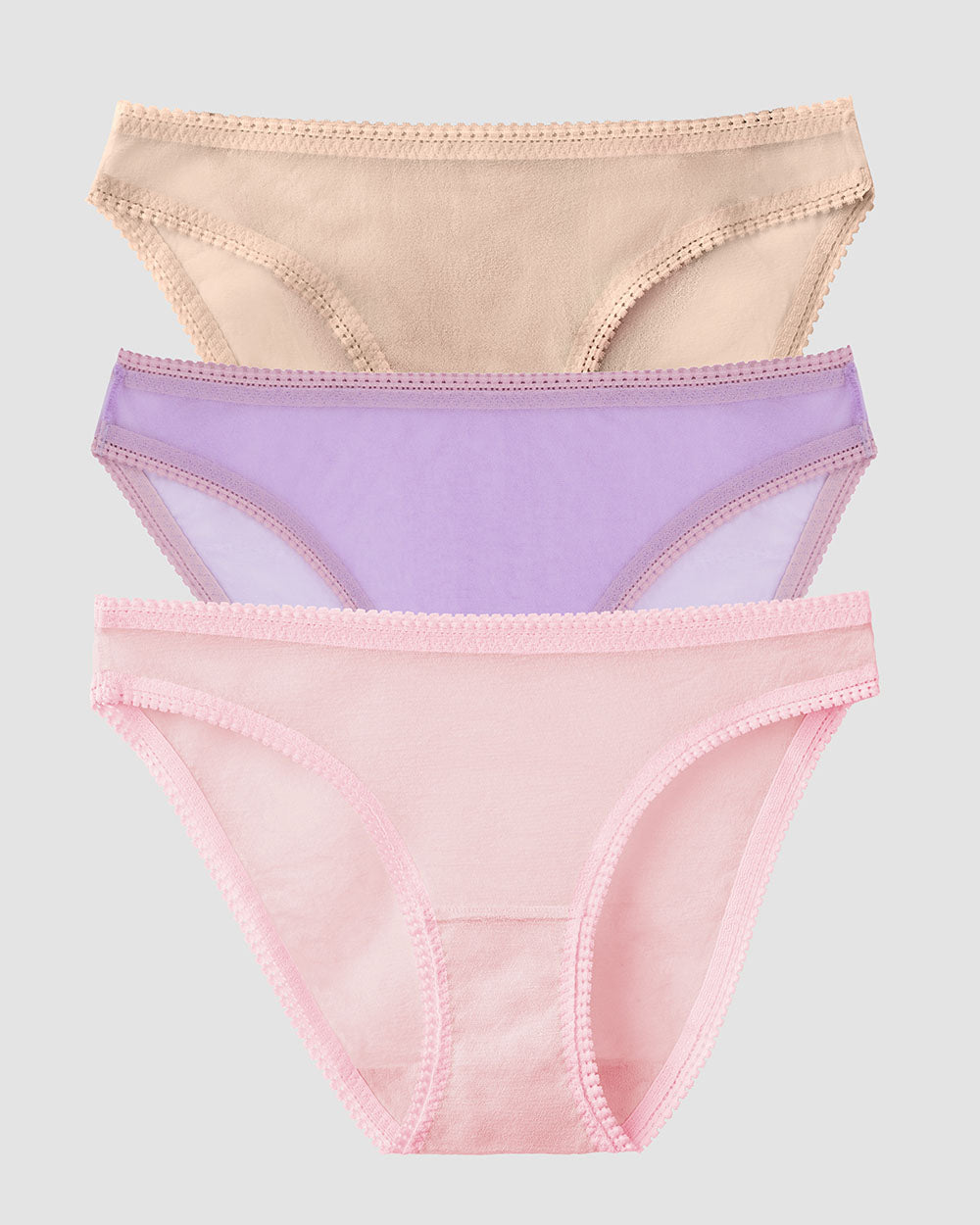 Gossamer Mesh Hip Bikini Underwear 3 Pack - Peony Rich Lavender Champagne