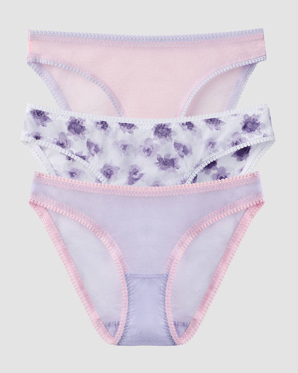 A Gossamer Mesh Hip Bikini Underwear 3-Pack in Sweel Lilac Ballet Pink and Ethereal Floral