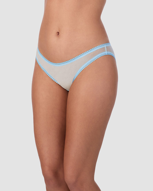 A lady is wearing Icy Blue Gossamer Mesh Hip Bikini Underwear