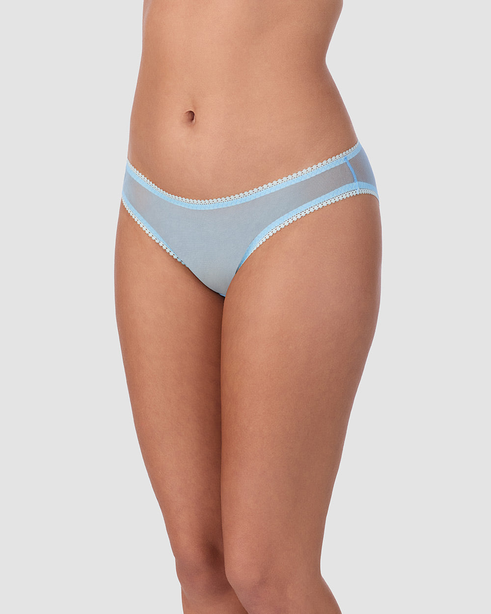 A lady is wearing Blue Hydrangea Gossamer Mesh Hip Bikini Underwear.