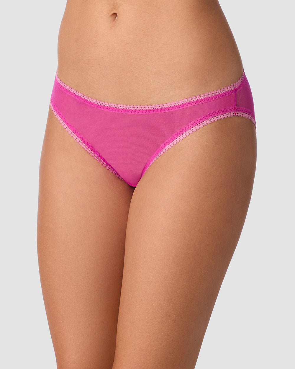 A lady wearing Gossamer Mesh Hip Bikini Underwear - Electric Berry