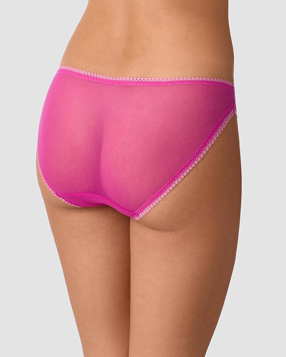 A lady wearing Gossamer Mesh Hip Bikini Underwear - Electric Berry back view