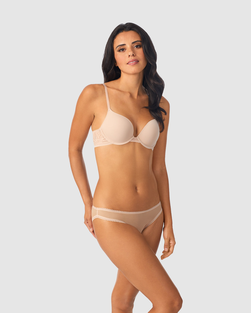 A lady wearing champagne sleek micro push up bra with lace.