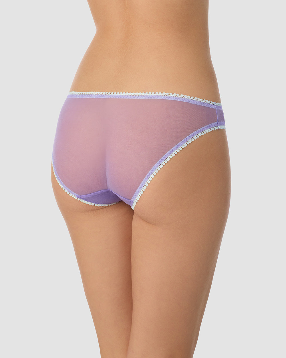 A lady wearing  purple Gossamer Mesh Hip Bikini Underwear