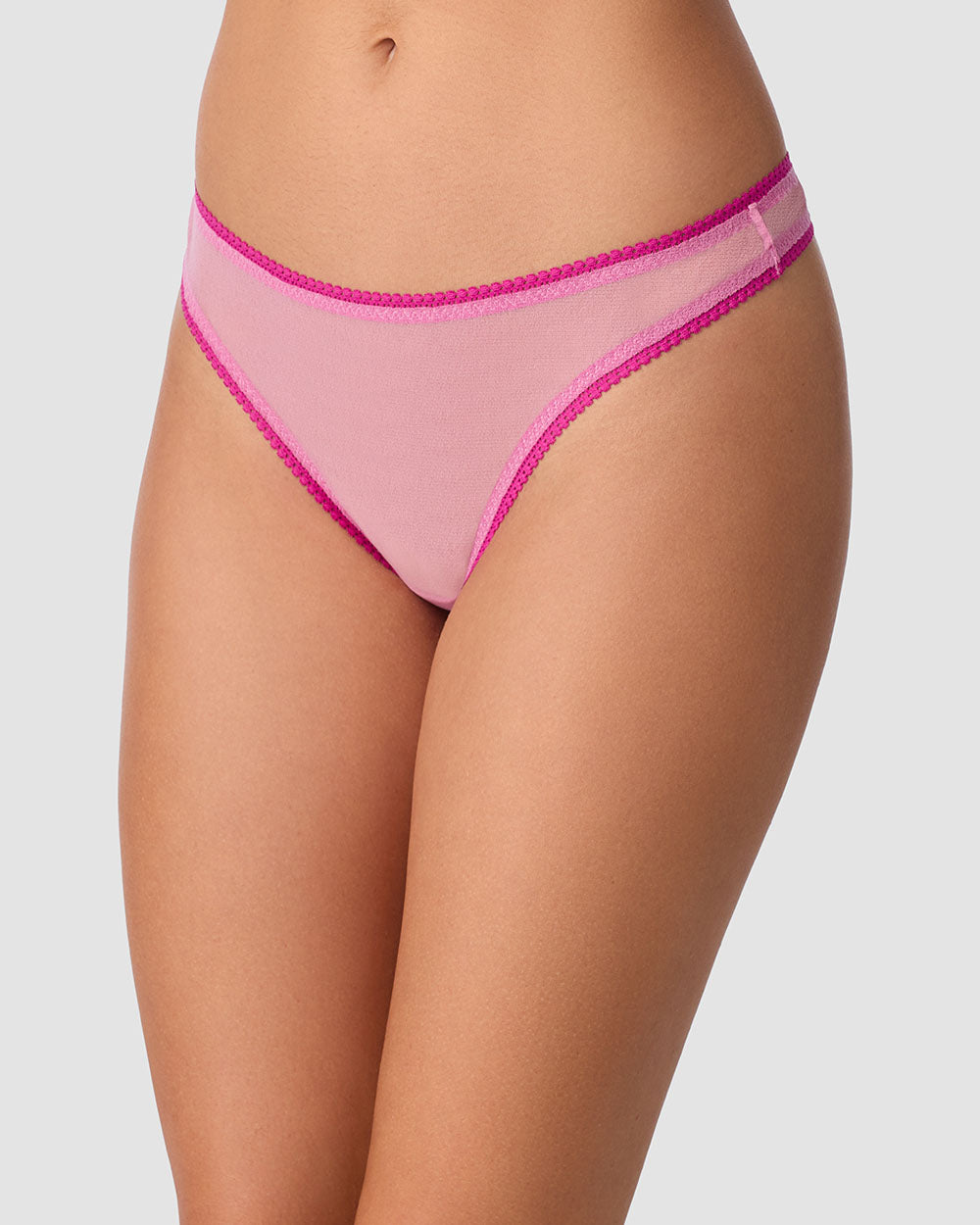 A lady wearing Gossamer Mesh Hip G Thong Underwear - Dusted Petal