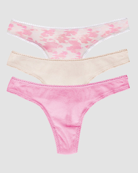 A  Gossamer Mesh Hip G Thong Underwear 3 Pack in Wine Berry Blurred Floral Champagne