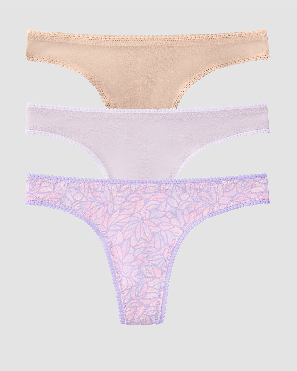 Gossamer Mesh Hip G Thong Underwear 3 Pack - Champagne/Rich Lavender/Watercolor Petals
