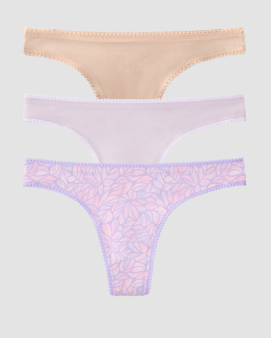 Gossamer Mesh Hip G Thong Underwear 3 Pack - Champagne/Rich Lavender/Watercolor Petals