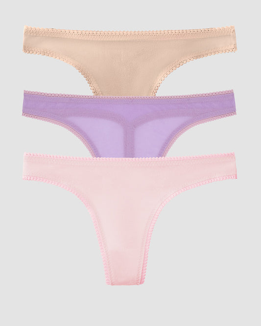 Gossamer Mesh Hip G Thong Underwear 3 Pack - Peony Rich Lavender Champagne