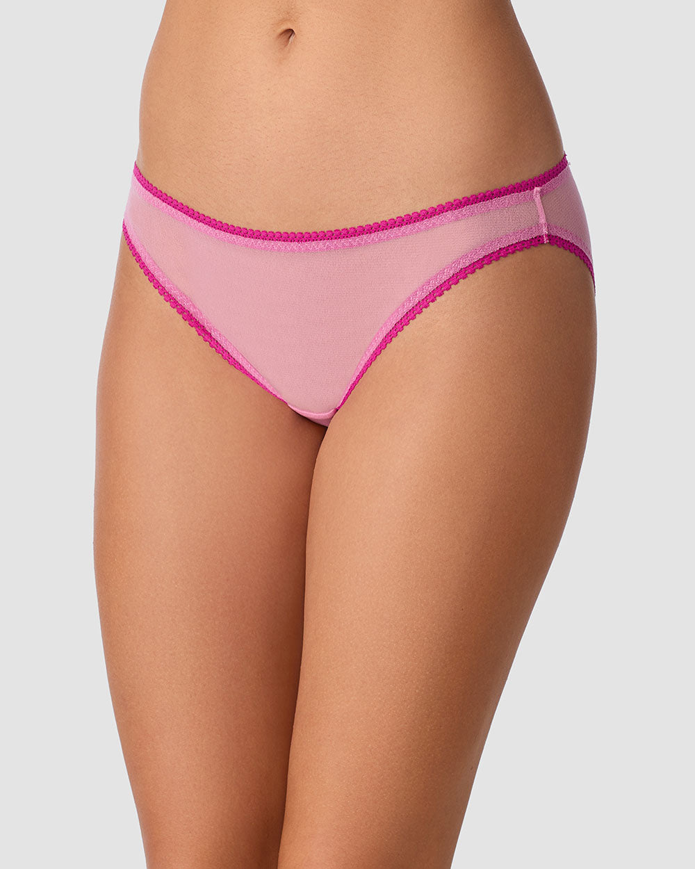 A lady wearing Gossamer Mesh Hip Bikini Underwear - Dusted Petal