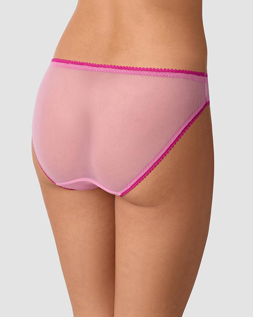 A lady wearing Gossamer Mesh Hip Bikini Underwear - Dusted Petal back view