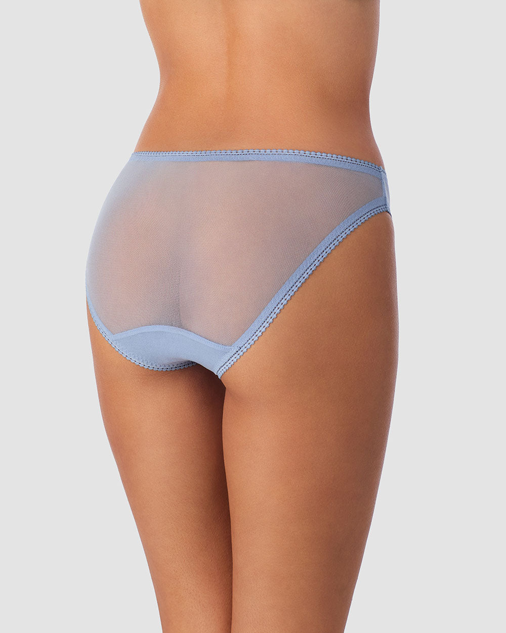 A lady wearing Gossamer Mesh Hip Bikini Underwear - Country Blue back view