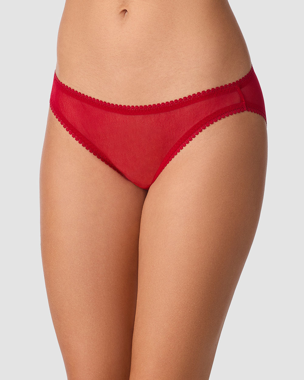 A lady wearing Gossamer Mesh Hip Bikini Underwear - Scarlet Red