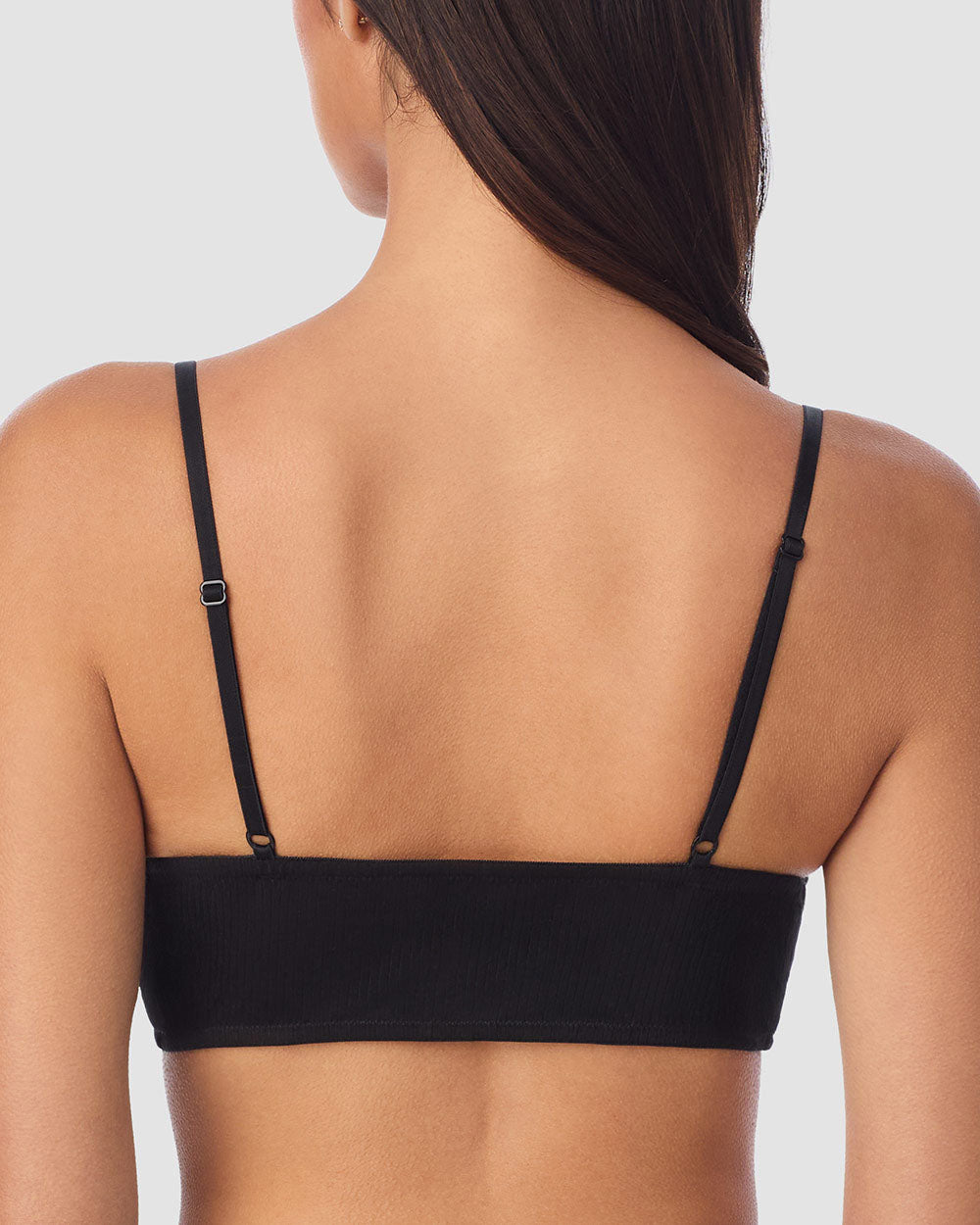 A Lady Wearing Cabana Cotton Rib Longline Triangle Bralette - Black showing back view