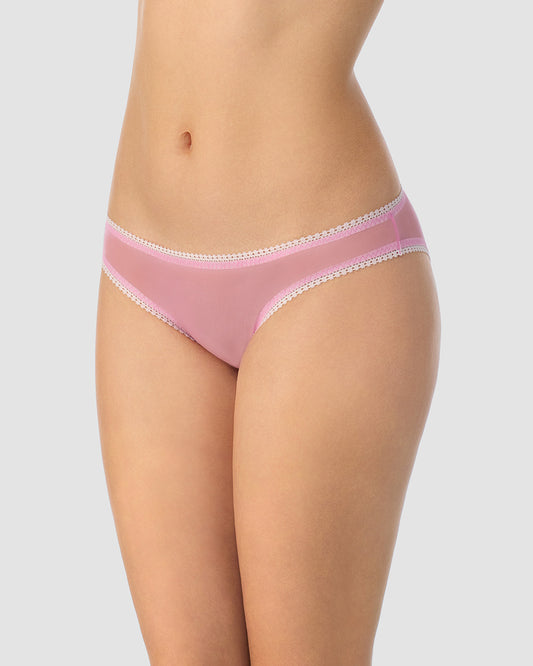 A lady wearing Pink Berry Gossamer Mesh Hip Bikini Underwear .